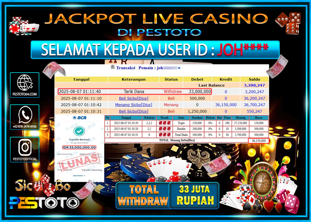 HANYA DI PESTOTO JP PASTI DI BAYAR LUNAS DAN CEPAT!!!! JP LIVE GAMES { SICBO DICE } Rp. 33.000.000 !!!