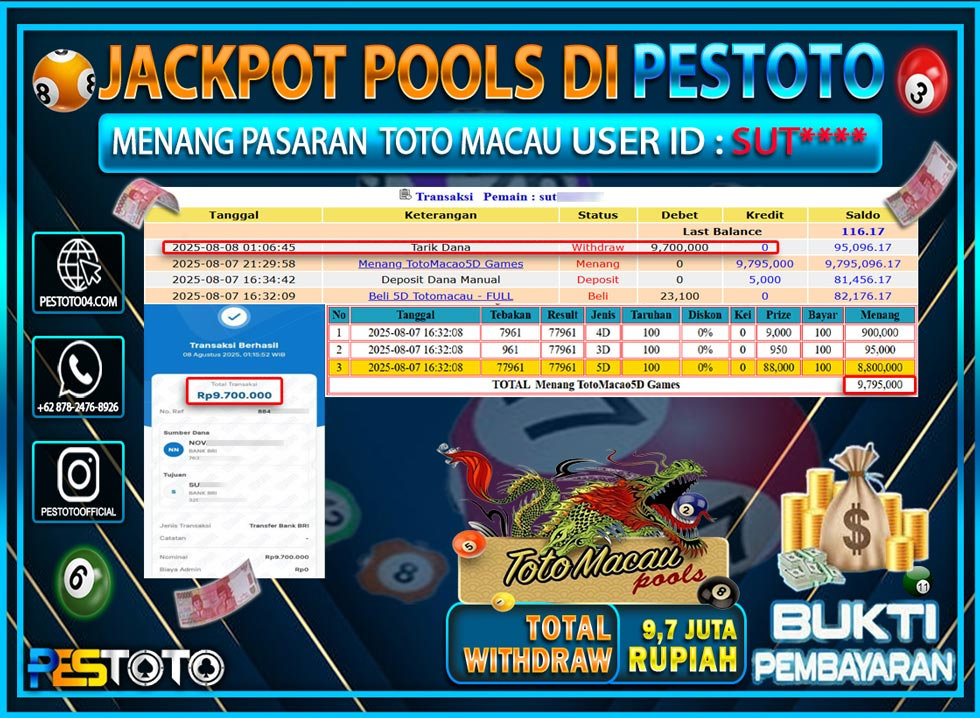HANYA DI PESTOTO JP PASTI DI BAYAR LUNAS DAN CEPAT!!!! JP TOGEL { TOTO MACAU 5D } Rp. 9.700.000 !!!
