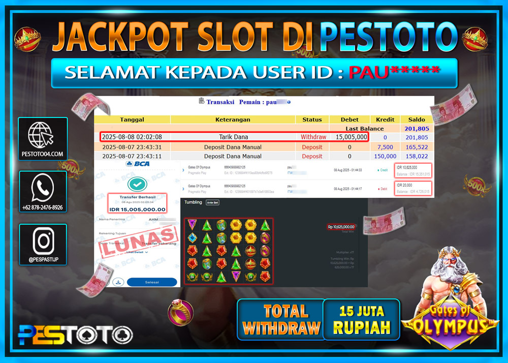 HANYA DI PESTOTO JP PASTI DI BAYAR LUNAS DAN CEPAT!!!! JP SLOT GAMES { GATES OF OLYMPUS } Rp. 15.005.000 !!!