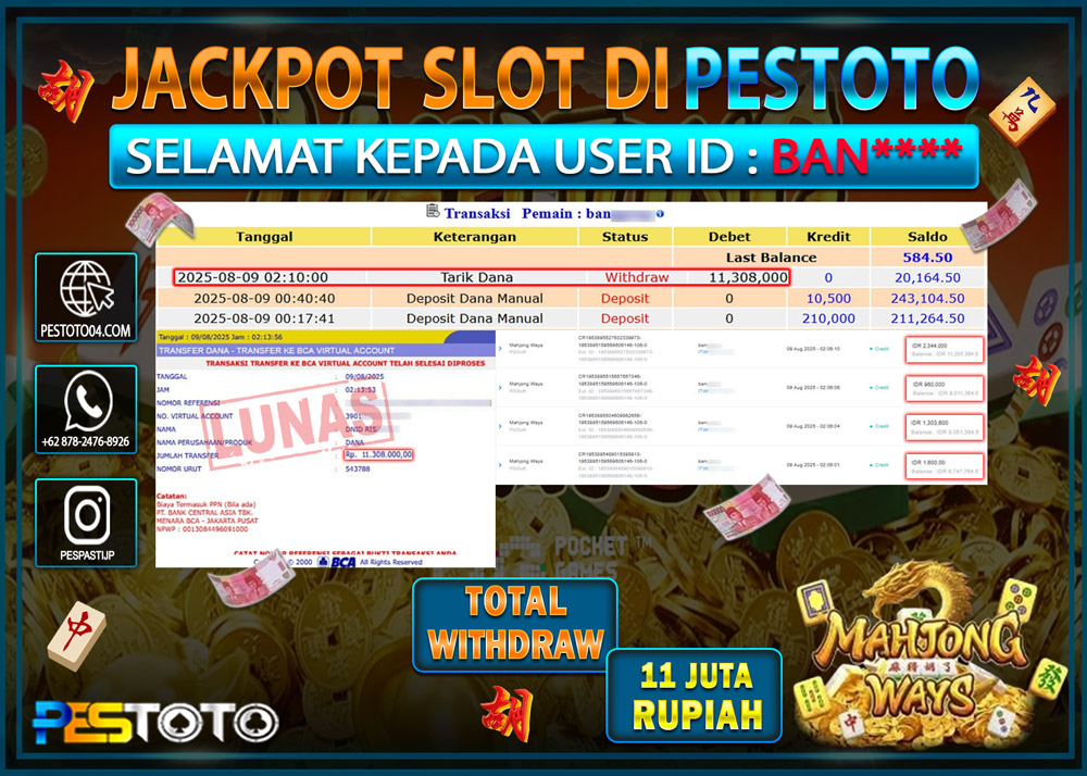 HANYA DI PESTOTO JP PASTI DI BAYAR LUNAS DAN CEPAT!!!! JP SLOT GAMES { MAHJONG WAYS } Rp. 11.308.000 !!!