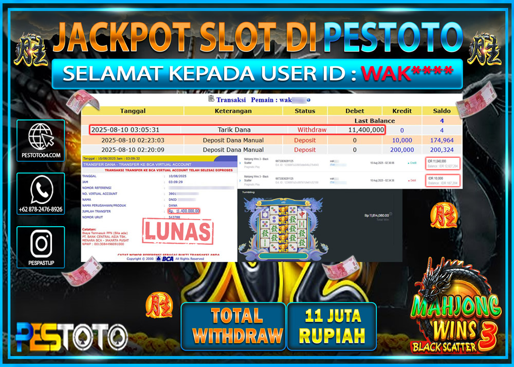 HANYA DI PESTOTO JP PASTI DI BAYAR LUNAS DAN CEPAT!!!! JP SLOT GAMES { MAHJONG WINS 3 - BLACK SCATTER } Rp. 11.400.000 !!!