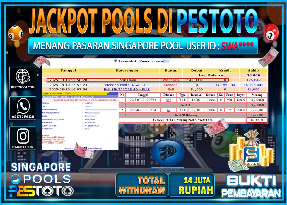 HANYA DI PESTOTO JP PASTI DI BAYAR LUNAS DAN CEPAT!!!! JP TOGEL { SINGAPORE POOLS } Rp. 14.000.000 !!!