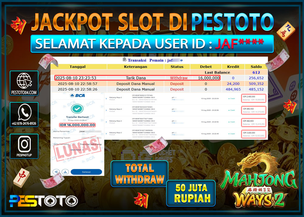 HANYA DI PESTOTO JP PASTI DI BAYAR LUNAS DAN CEPAT!!!! JP SLOT GAMES { MAHJONG WAYS 2 } Rp. 16.000.000 !!!