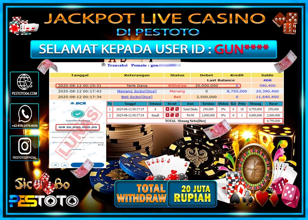 HANYA DI PESTOTO JP PASTI DI BAYAR LUNAS DAN CEPAT!!!! JP LIVE GAMES { SICBO DICE  } Rp. 20.000.000 !!!