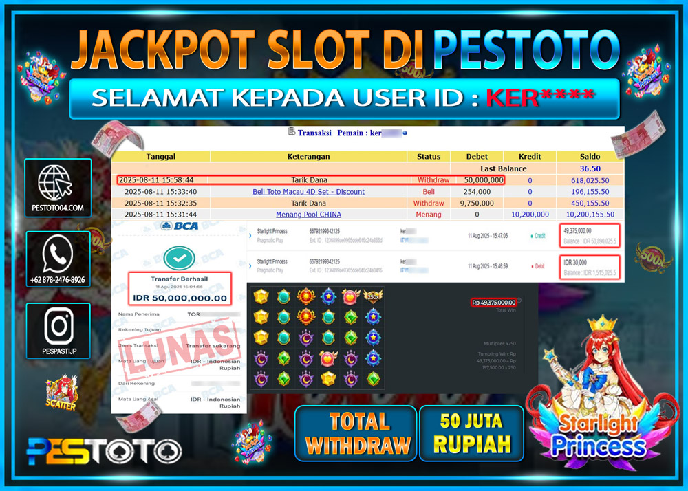 HANYA DI PESTOTO JP PASTI DI BAYAR LUNAS DAN CEPAT!!!! JP SLOT GAMES { STARLIGHT PRINCESS } Rp. 50.000.000 !!!