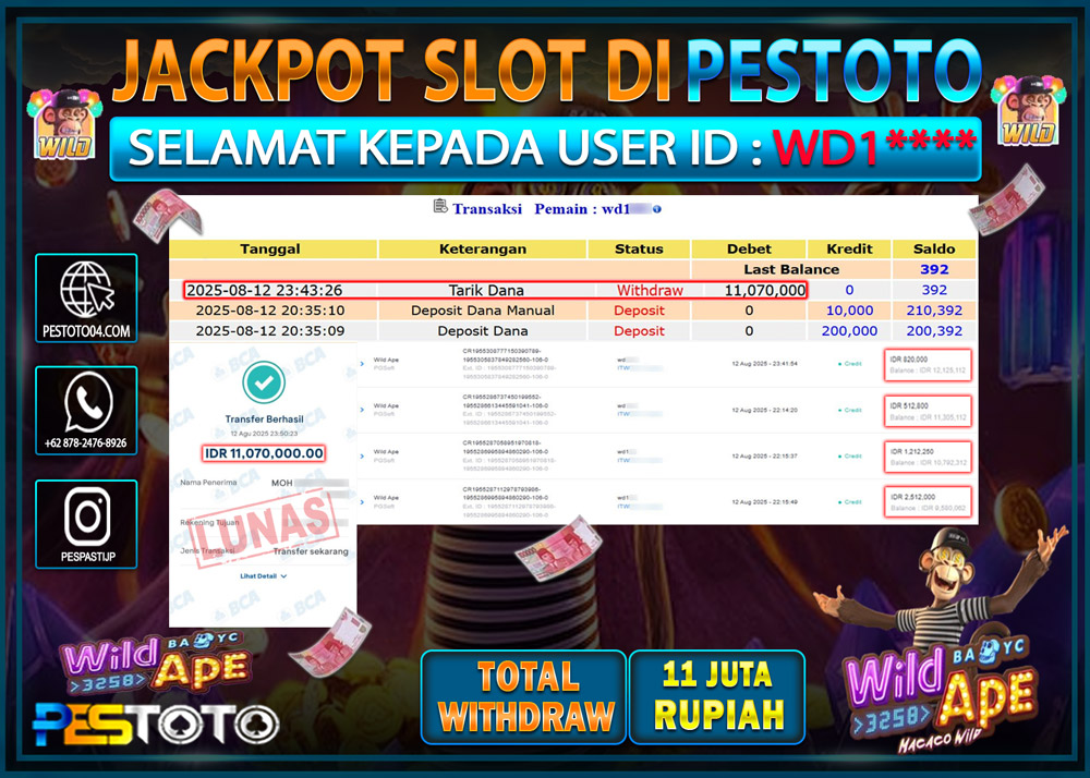 HANYA DI PESTOTO JP PASTI DI BAYAR LUNAS DAN CEPAT!!!! JP SLOT GAMES { WILD APE  } Rp. 11.070.000 !!!