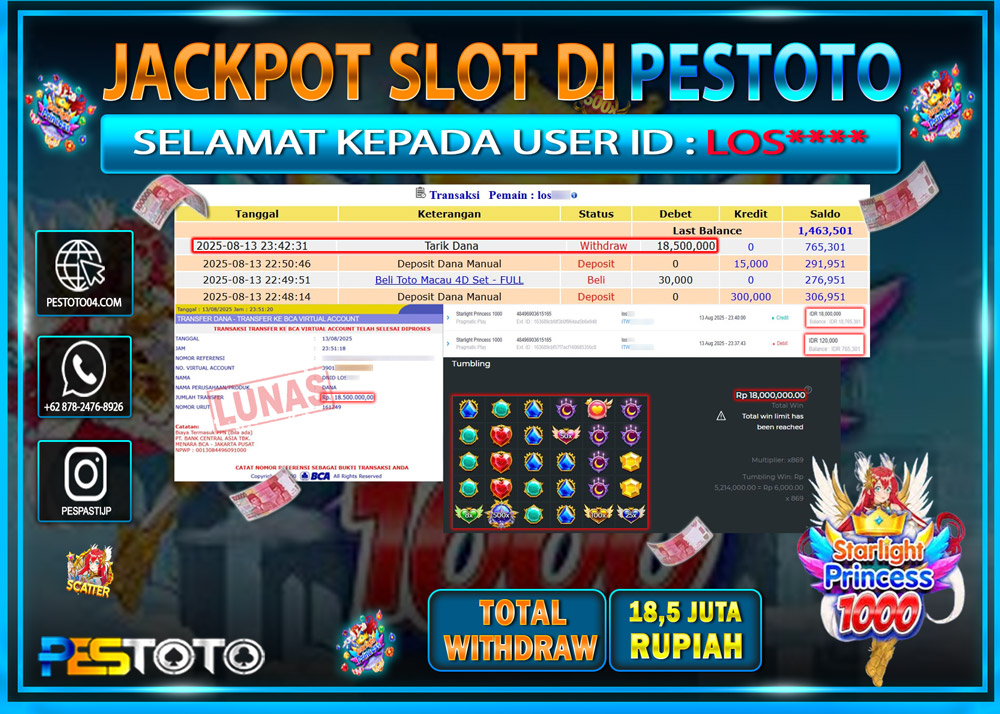 HANYA DI PESTOTO JP PASTI DI BAYAR LUNAS DAN CEPAT!!!! JP SLOT GAMES { STARLIGHT PRINCESS 1000 } Rp. 18.500.000 !!!
