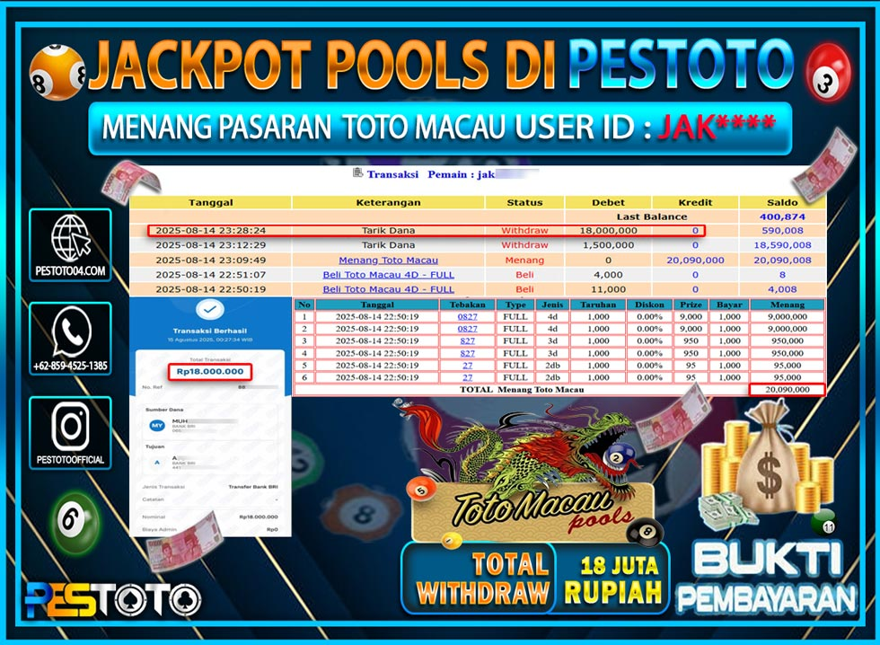 HANYA DI PESTOTO JP PASTI DI BAYAR LUNAS DAN CEPAT!!!! JP TOGEL { TOTO MACAU } Rp. 18.000.000 !!!