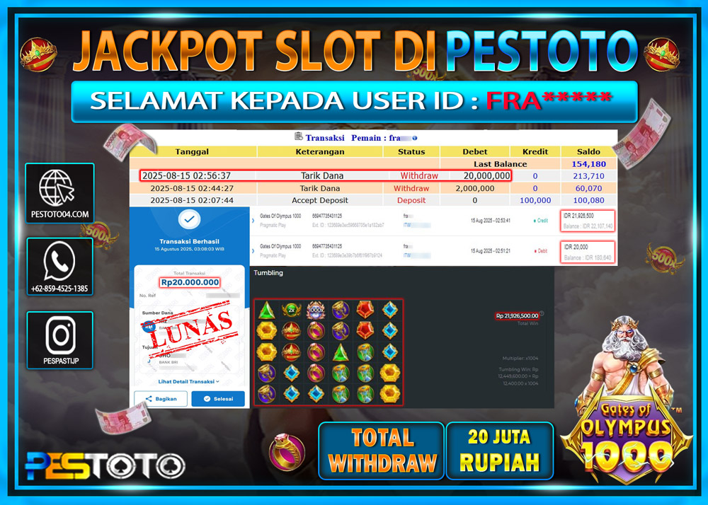 HANYA DI PESTOTO JP PASTI DI BAYAR LUNAS DAN CEPAT!!!! JP SLOT GAMES { GATES OF OLYMPUS 1000 } Rp. 20.000.000 !!!