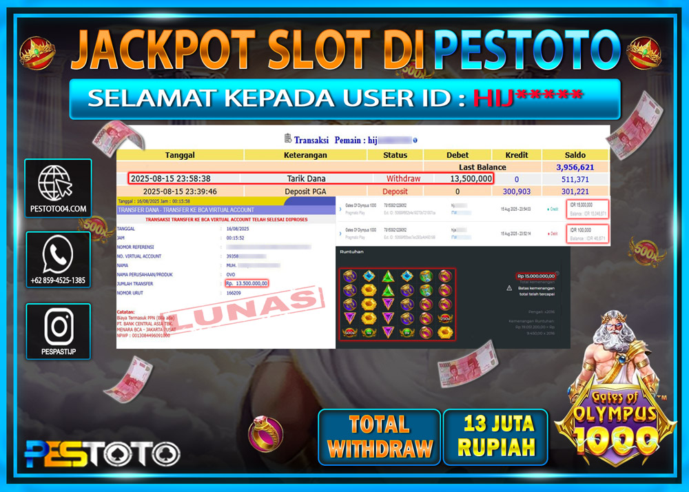 HANYA DI PESTOTO JP PASTI DI BAYAR LUNAS DAN CEPAT!!!! JP SLOT GAMES { GATES OF OLYMPUS 1000 } Rp. 13.000.000 !!!