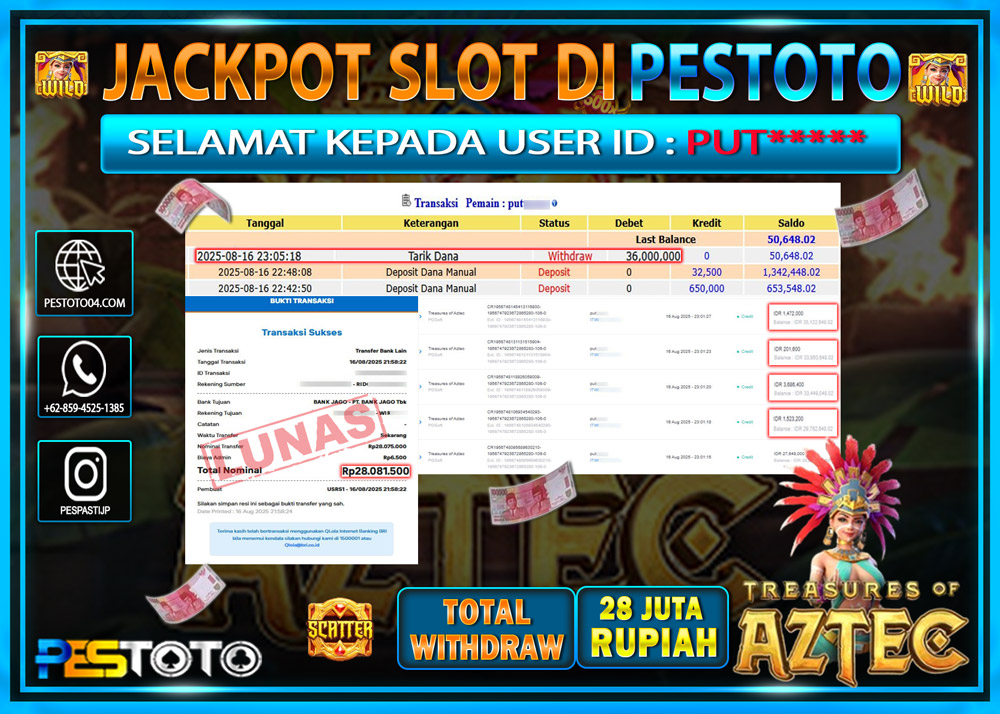 HANYA DI PESTOTO JP PASTI DI BAYAR LUNAS DAN CEPAT!!!!!! JP SLOT { TREASURE OF AZTEC } Rp. 28.000.000 !!!!