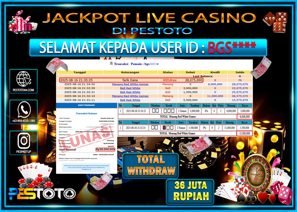 HANYA DI PESTOTO JP PASTI DI BAYAR LUNAS DAN CEPAT!!!! JP LIVE GAMES { RED WHITE } Rp. 36.000.000 !!!