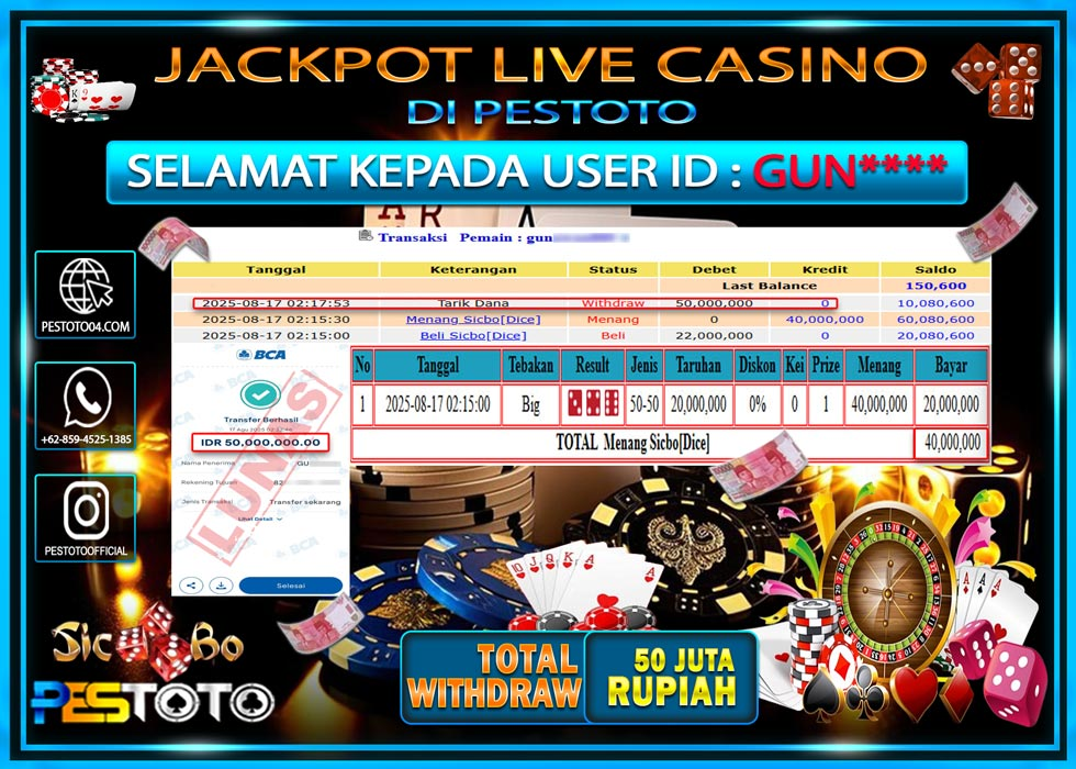 HANYA DI PESTOTO JP PASTI DI BAYAR LUNAS DAN CEPAT!!!! JP LIVE GAMES { SICBO DICE } Rp. 50.000.000 !!!