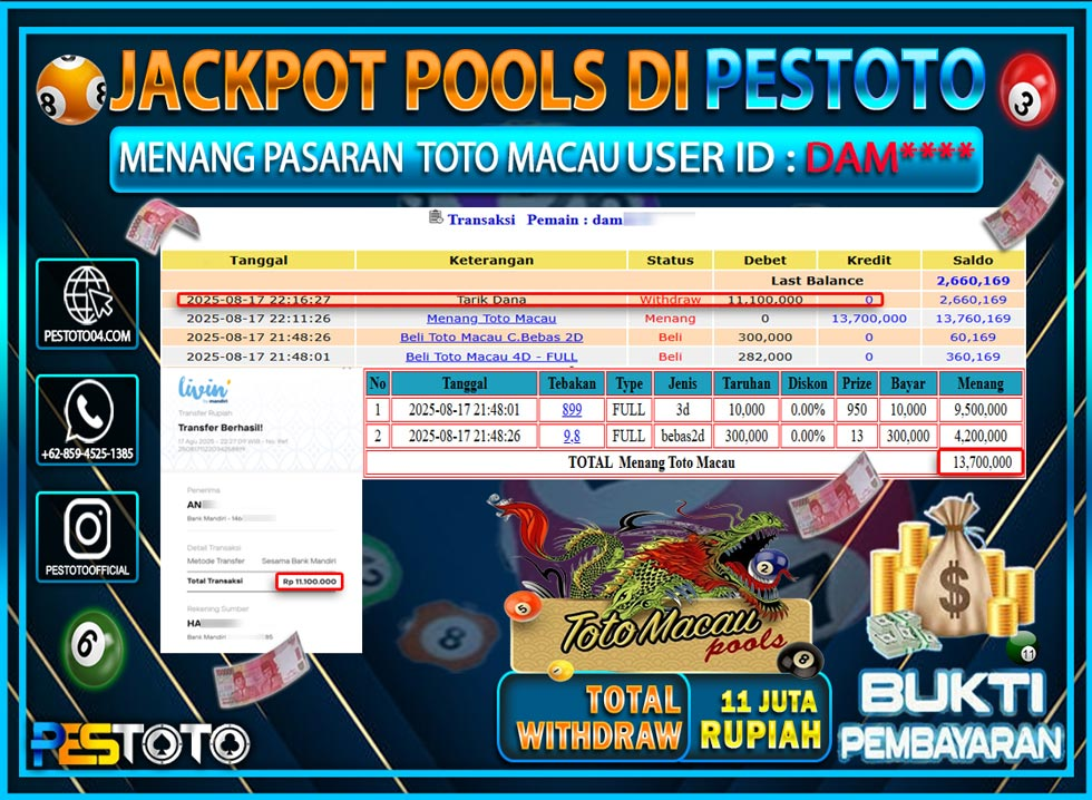 HANYA DI PESTOTO JP PASTI DI BAYAR LUNAS DAN CEPAT!!!! JP TOGEL  { TOTO MACAU } Rp. 11.100.000 !!!