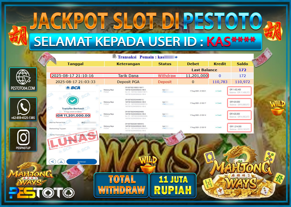 HANYA DI PESTOTO JP PASTI DI BAYAR LUNAS DAN CEPAT!!!! JP SLOT GAMES { MAHJONG WAYS } Rp. 11.201.000 !!!