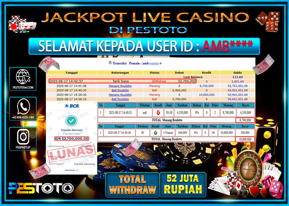 HANYA DI PESTOTO JP PASTI DI BAYAR LUNAS DAN CEPAT!!!! JP LIVE GAMES { ROULETTE } Rp. 52.700.000 !!!