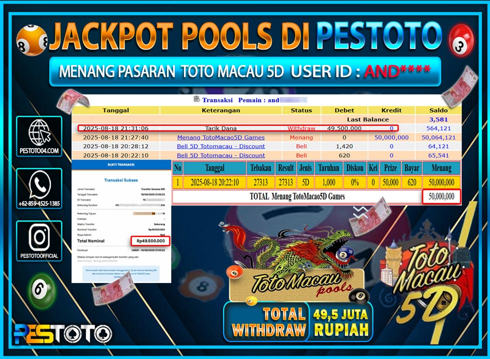 HANYA DI PESTOTO JP PASTI DI BAYAR LUNAS DAN CEPAT!!!! JP TOGEL  { TOTO MACAU 5D } Rp. 49.500.000 !!!