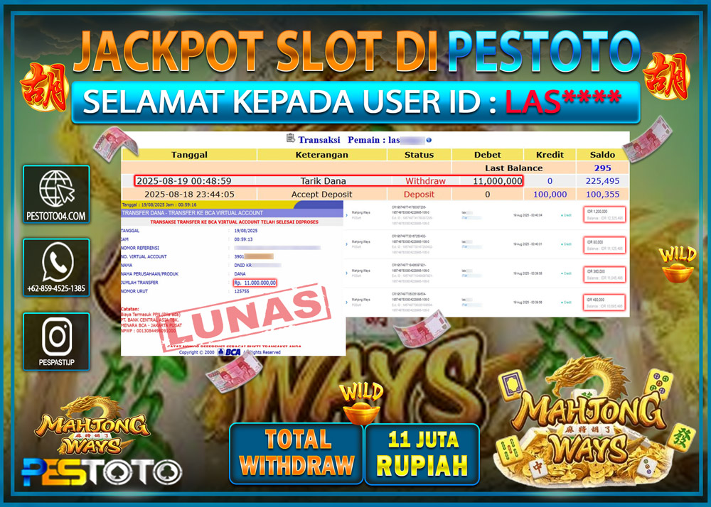 HANYA DI PESTOTO JP PASTI DI BAYAR LUNAS DAN CEPAT!!!! JP SLOT GAMES { MAHJONG WAYS } Rp. 11.000.000 !!!