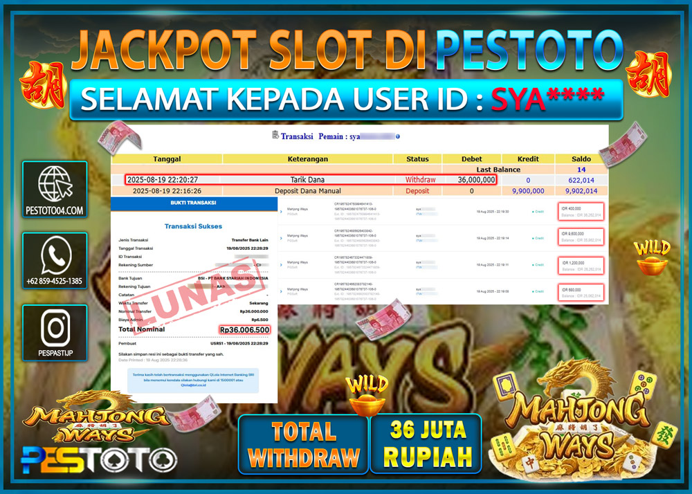 HANYA DI PESTOTO JP PASTI DI BAYAR LUNAS DAN CEPAT!!!! JP SLOT GAMES { MAHJONG WAYS } Rp. 36.006.500 !!!