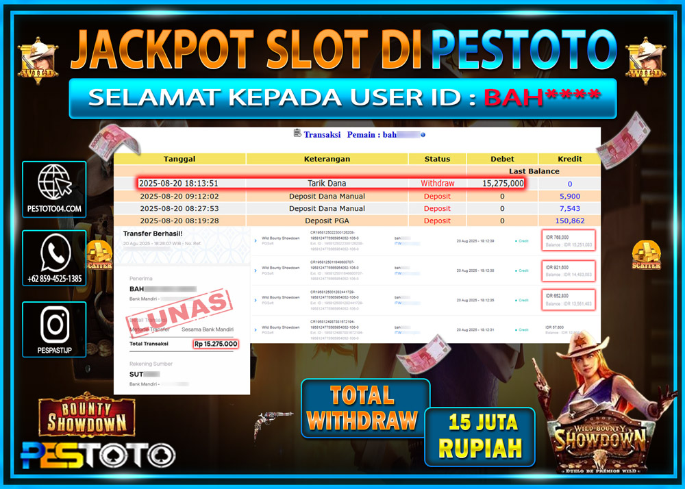HANYA DI PESTOTO JP PASTI DI BAYAR LUNAS DAN CEPAT!!!! JP SLOT GAMES { WILD BOUNTY SHOWDOWN } Rp. 15.275.000 !!!