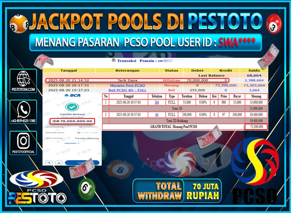 HANYA DI PESTOTO JP PASTI DI BAYAR LUNAS DAN CEPAT!!!! JP TOGEL { PCSO POOL } Rp. 70.000.000 !!!
