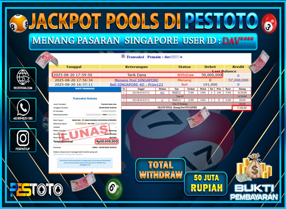 HANYA DI PESTOTO JP PASTI DI BAYAR LUNAS DAN CEPAT!!!! JP TOGEL { SINGAPORE } Rp. 50.006.500 !!!