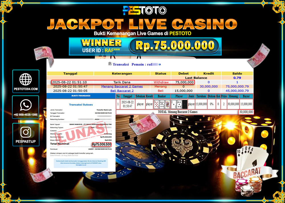 HANYA DI PESTOTO JP PASTI DI BAYAR LUNAS DAN CEPAT!!!! JP LIVE GAMES CASINO { BACCARAT } Rp. 75.006.500 !!!