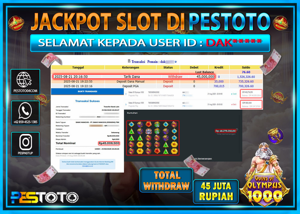 HANYA DI PESTOTO JP PASTI DI BAYAR LUNAS DAN CEPAT!!!! JP SLOT GAMES { GATES OF OLYMPUS 1000 } Rp. 45.000.000 !!!