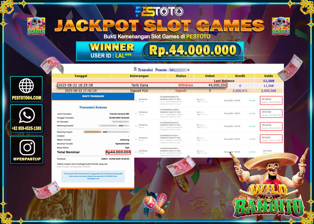 HANYA DI PESTOTO JP PASTI DI BAYAR LUNAS DAN CEPAT!!!! JP SLOT GAMES { WILD BANDITO } Rp. 44.000.000 !!!