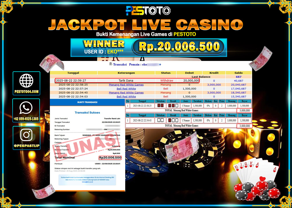 HANYA DI PESTOTO JP PASTI DI BAYAR LUNAS DAN CEPAT!!!! JP LIVE GAMES { RED WHITE CASINO  } Rp. 20.006.500 !!!