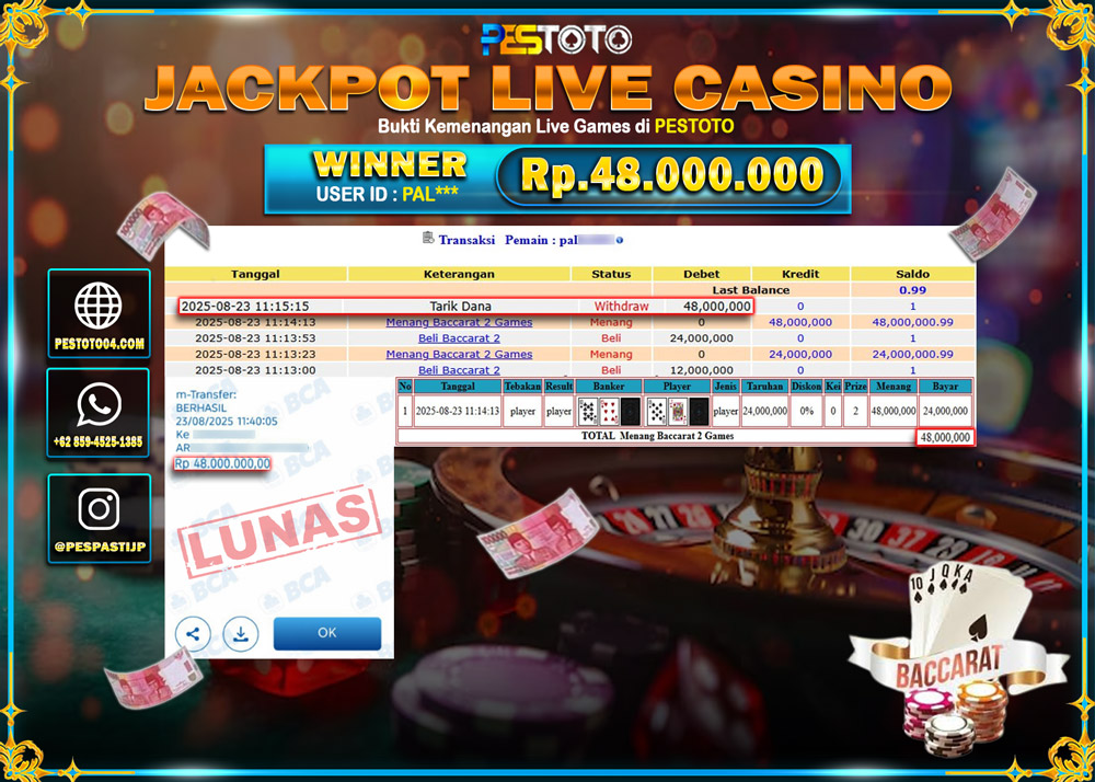 HANYA DI PESTOTO JP PASTI DI BAYAR LUNAS DAN CEPAT!!!! JP LIVE GAMES { BACCARRAT 2 } Rp. 48.000.000 !!!