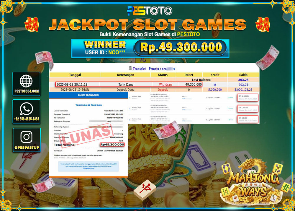 HANYA DI PESTOTO JP PASTI DI BAYAR LUNAS DAN CEPAT!!!! JP SLOT GAMES { MAHJONG WAYS } Rp. 49.300.000 !!!