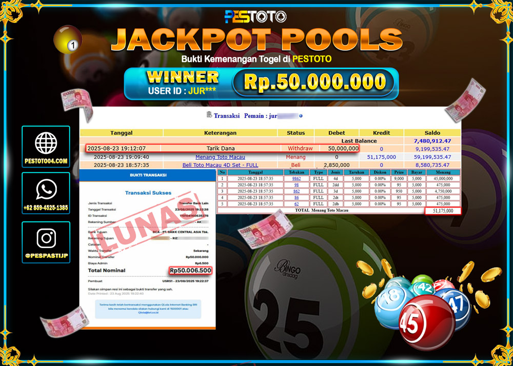 HANYA DI PESTOTO JP PASTI DI BAYAR LUNAS DAN CEPAT!!!! JP TOGEL { TOTOMACAU } Rp. 50.000.000 !!!