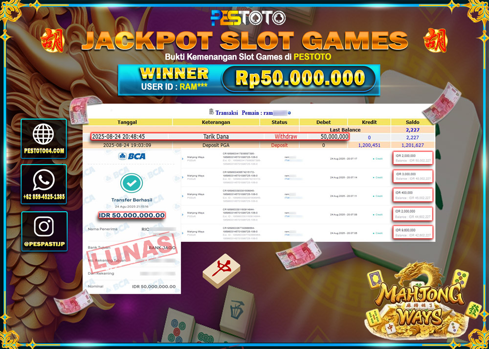 HANYA DI PESTOTO JP PASTI DI BAYAR LUNAS DAN CEPAT!!!! JP SLOT GAMES { MAHJONG WAYS } Rp. 50.000.000 !!!