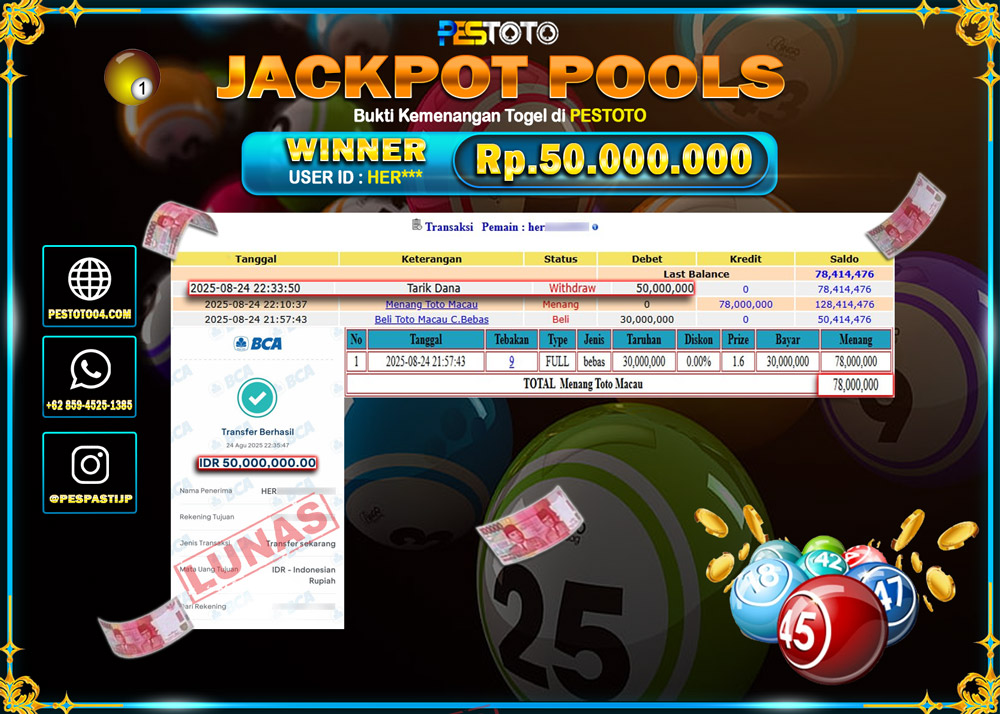HANYA DI PESTOTO JP PASTI DI BAYAR LUNAS DAN CEPAT!!!! JP TOGEL { TOTOMACAU 4D } Rp. 50.000.000 !!!