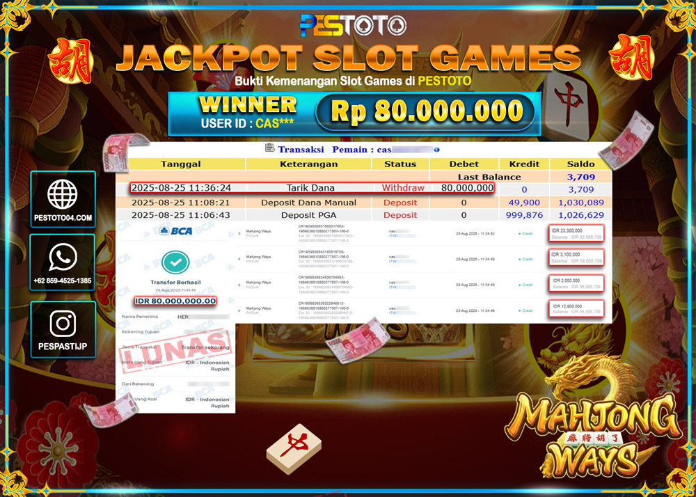HANYA DI PESTOTO JP PASTI DI BAYAR LUNAS DAN CEPAT!!!! JP SLOT GAMES { MAHJONG WAYS } Rp. 80.000.000 !!!