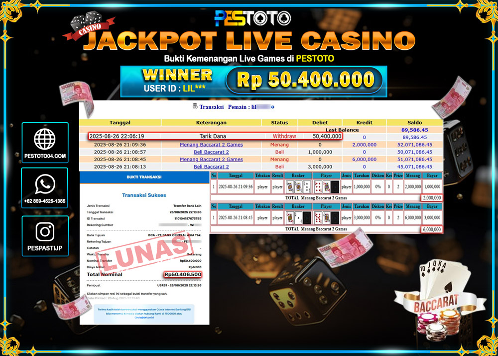 HANYA DI PESTOTO JP PASTI DI BAYAR LUNAS DAN CEPAT!!!! JP LIVE GAMES { BACCARAT } Rp 50.400.000 !!!