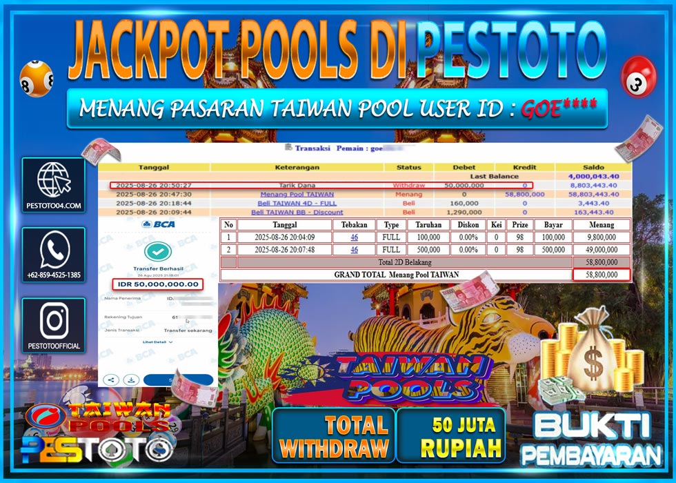 HANYA DI PESTOTO JP PASTI DI BAYAR LUNAS DAN CEPAT!!!! JP TOGEL { TAIWAN POOL } Rp. 50.000.000 !!!
