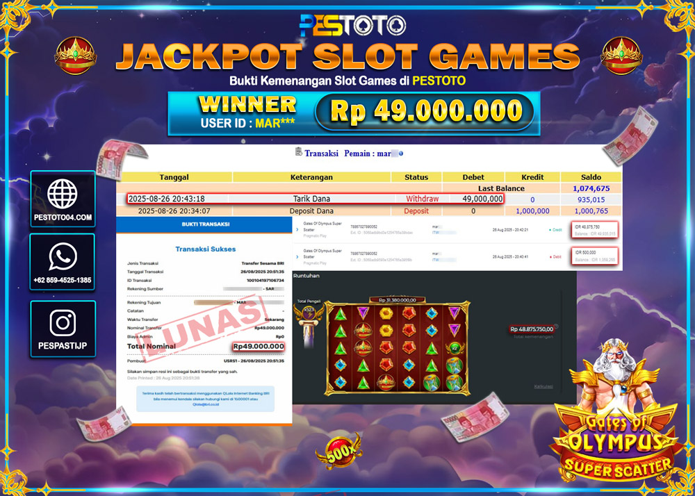 HANYA DI PESTOTO JP PASTI DI BAYAR LUNAS DAN CEPAT!!!! JP SLOT GAMES { GATES OF OLYMPUS SUPER SCATTER } Rp 49.000.000 !!!