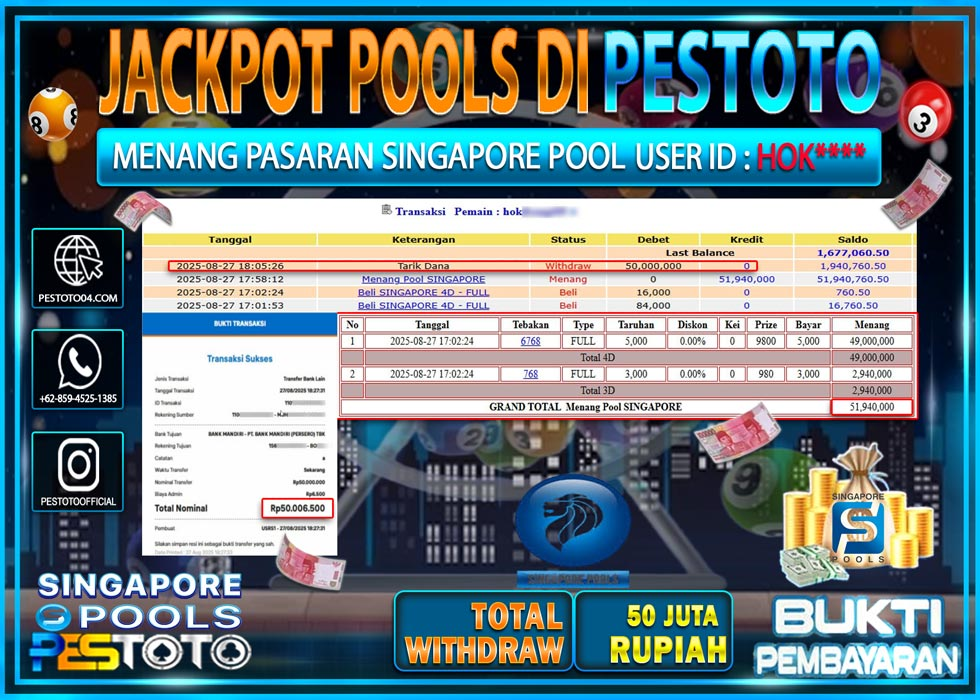 HANYA DI PESTOTO JP PASTI DI BAYAR LUNAS DAN CEPAT!!!! JP TOGEL { SINGAPORE POOL } Rp. 50.000.000 !!!
