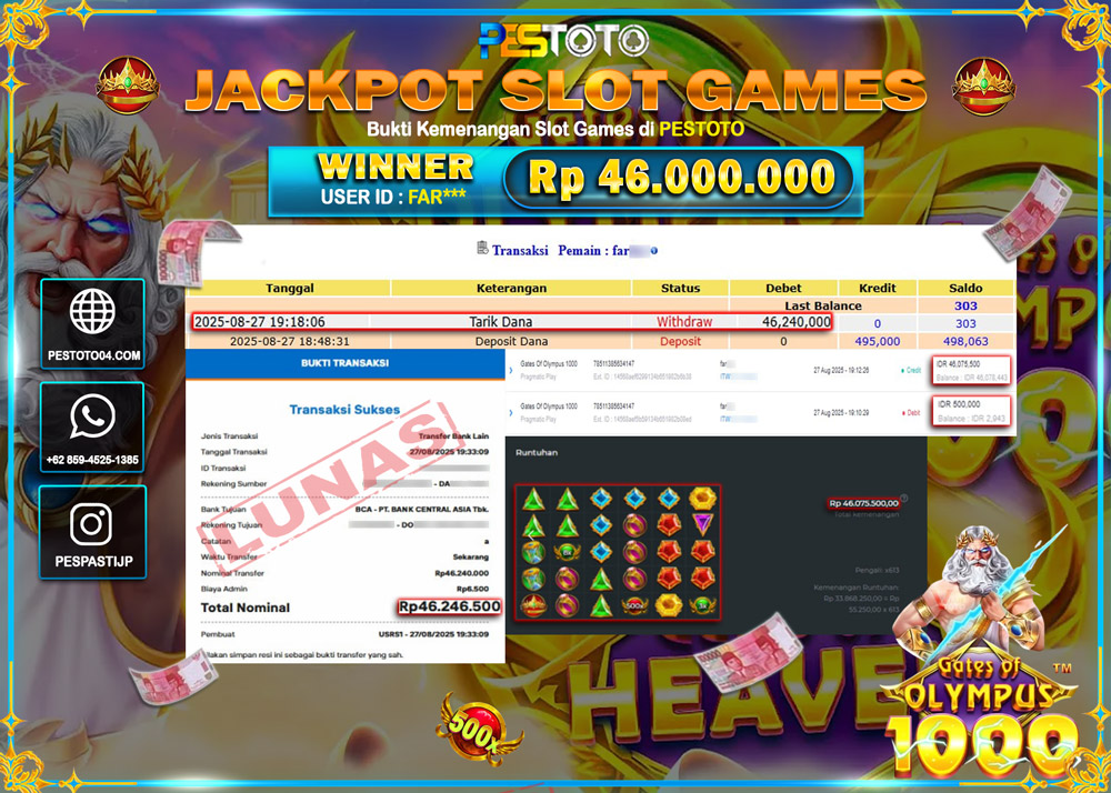 HANYA DI PESTOTO JP PASTI DI BAYAR LUNAS DAN CEPAT!!!! JP SLOT GAMES { GATES OF OLYMPUS 1000 } Rp 46.000.000 !!!