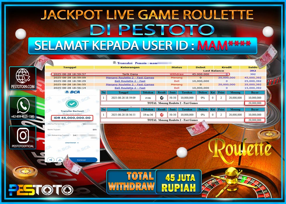 HANYA DI PESTOTO JP PASTI DI BAYAR LUNAS DAN CEPAT!!!! JP LIVE GAMES { ROULETTE } Rp 45.000.000 !!!