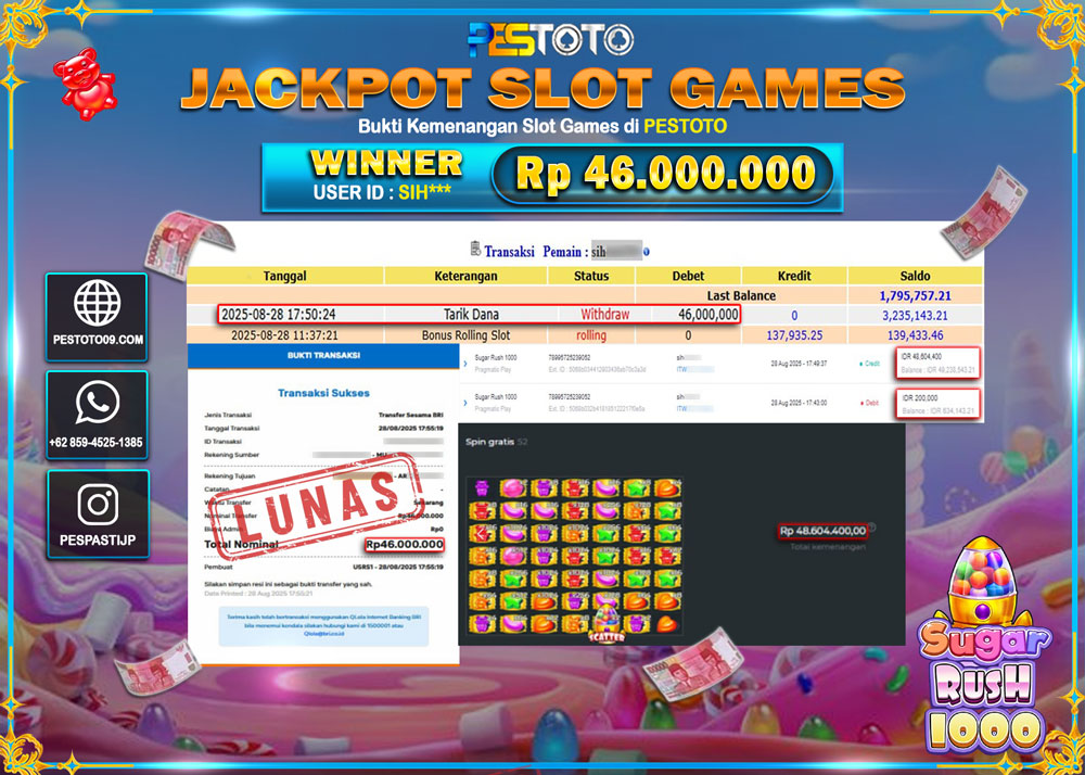 HANYA DI PESTOTO JP PASTI DI BAYAR LUNAS DAN CEPAT!!!! JP SLOT GAMES { SUGAR RUSH 1000 } Rp 46.000.000 !!!