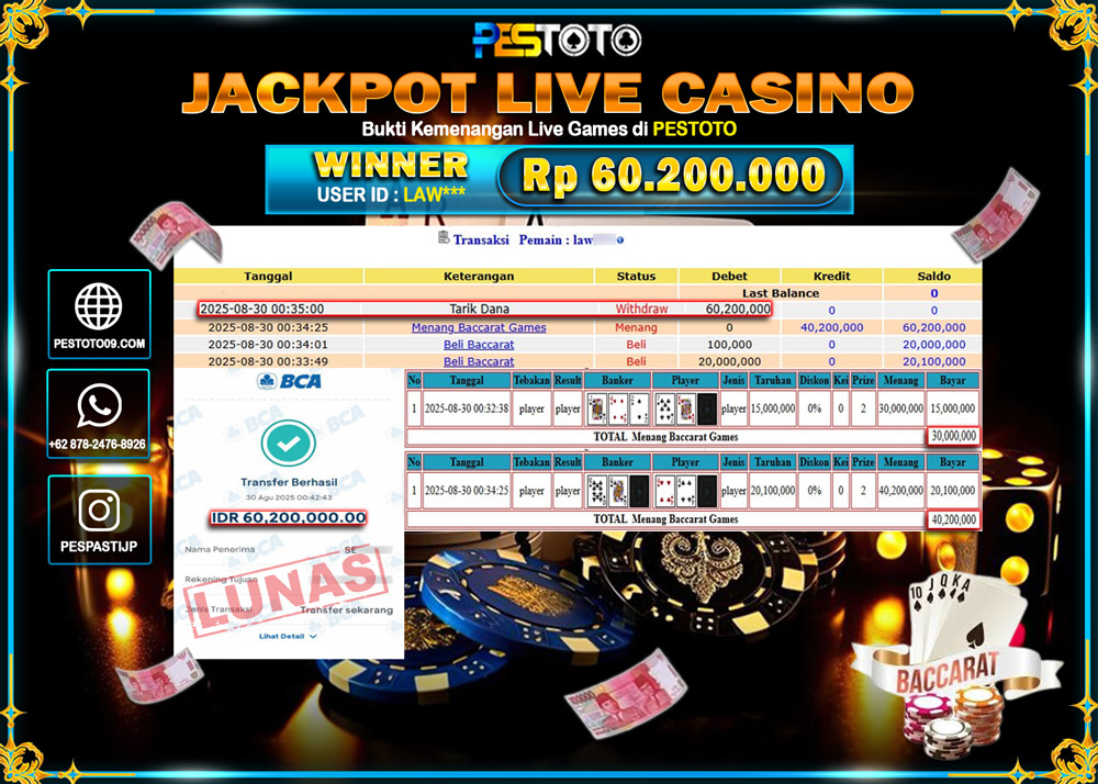 HANYA DI PESTOTO JP PASTI DI BAYAR LUNAS DAN CEPAT!!!! JP LIVE CASINO { BACCCARAT } Rp 60.200.000 !!!