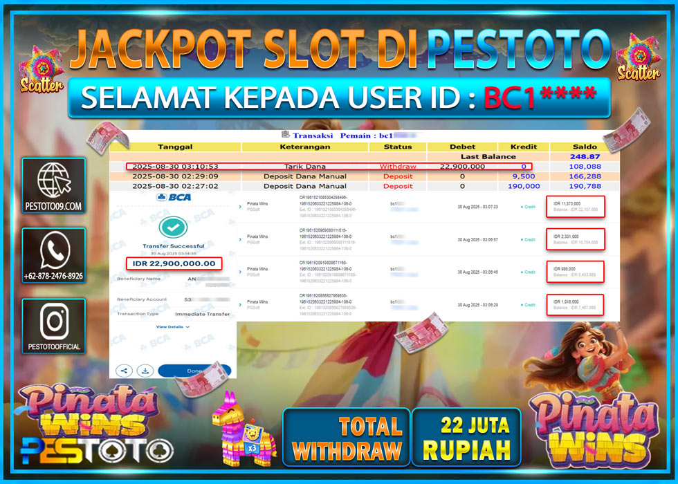 HANYA DI PESTOTO JP PASTI DI BAYAR LUNAS DAN CEPAT!!!! JP SLOT GAMES { PINATA WINS } Rp 22.000.000 !!!