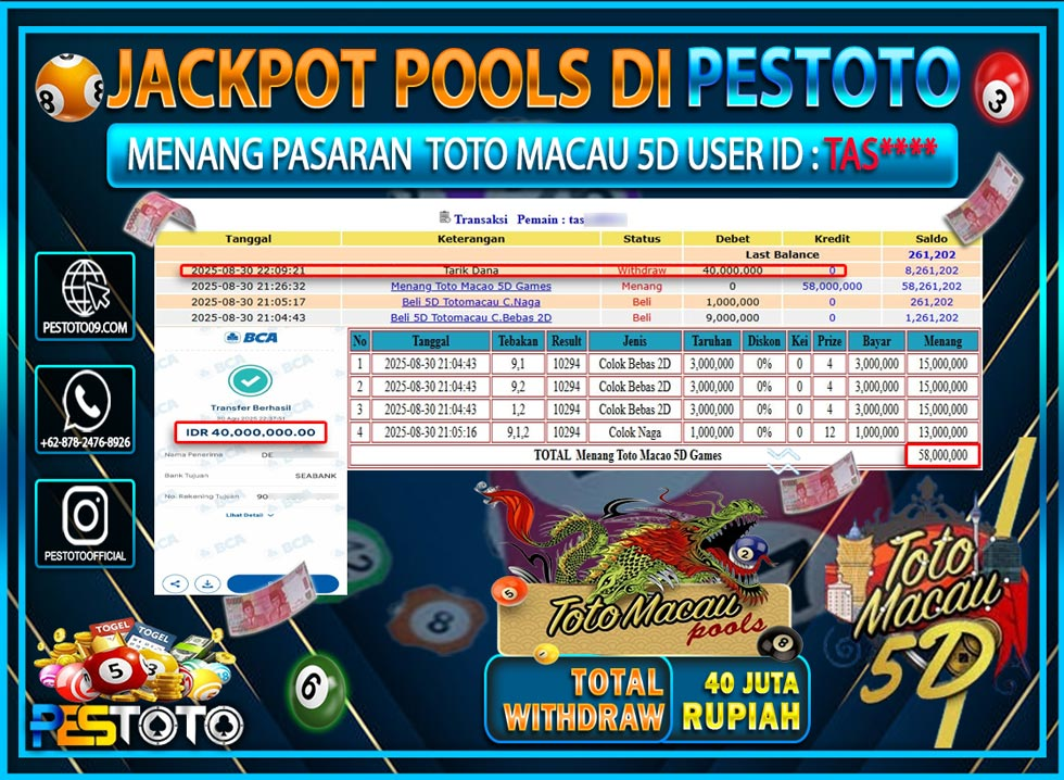 HANYA DI PESTOTO JP PASTI DI BAYAR LUNAS DAN CEPAT!!!! JP TOGEL { TOTO MACAU 5D } Rp 40.000.000 !!!