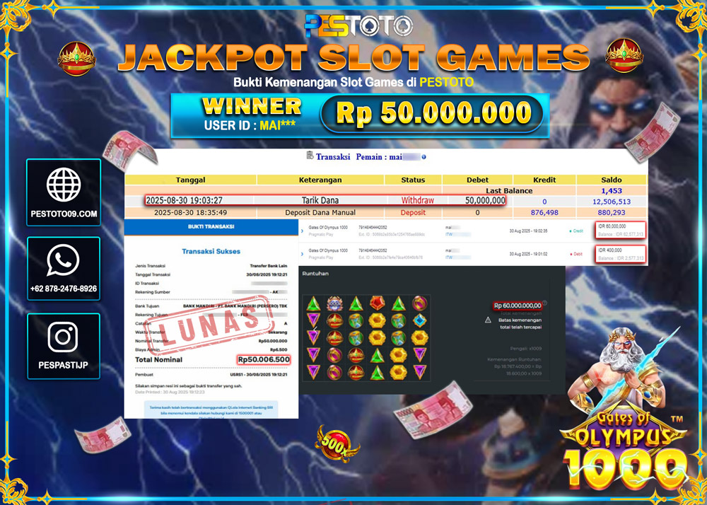 HANYA DI PESTOTO JP PASTI DI BAYAR LUNAS DAN CEPAT!!!! JP SLOT GAMES { GATES OF OLYMPUS 1000 } Rp 50.000.000 !!!