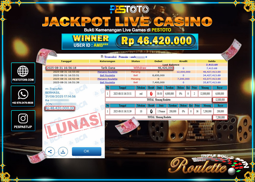 HANYA DI PESTOTO JP PASTI DI BAYAR LUNAS DAN CEPAT!!!! JP LIVE GAMES { ROULETTE } Rp 46.420.000 !!!