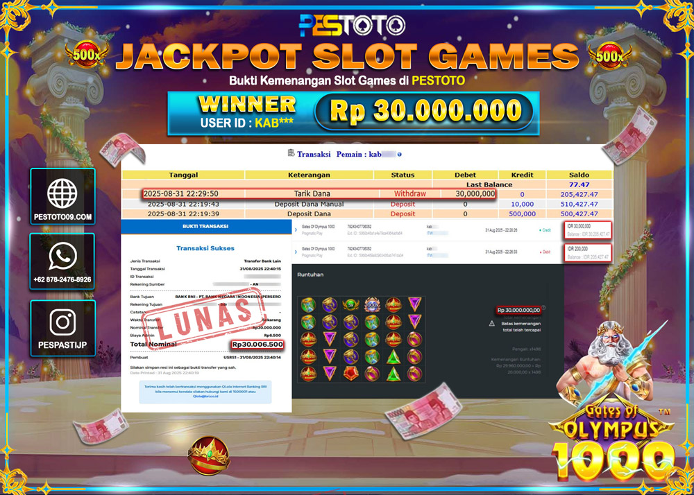 HANYA DI PESTOTO JP PASTI DI BAYAR LUNAS DAN CEPAT!!!! JP SLOT GAMES { GATES OF OLYMPUS 1000 } Rp 30.000.000 !!!