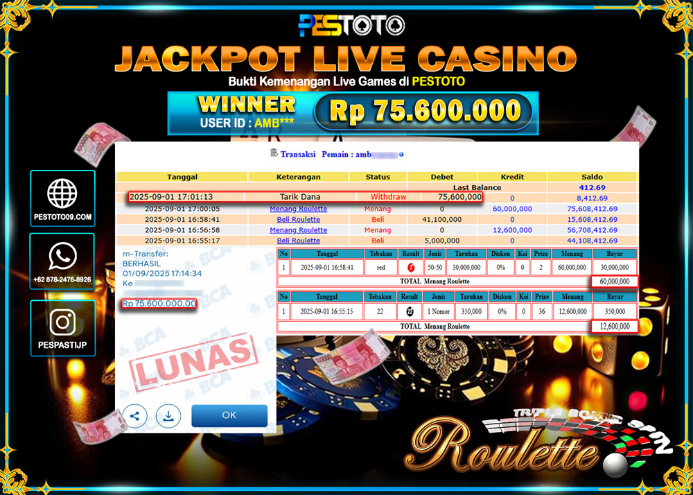 HANYA DI PESTOTO JP PASTI DI BAYAR LUNAS DAN CEPAT!!!! JP LIVE GAMES { ROULETTE } Rp 75.600.000 !!!